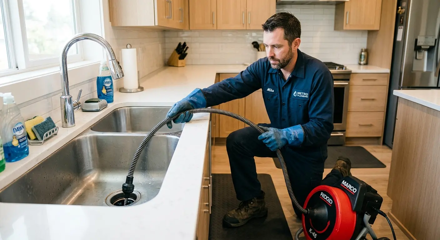 Drain cleaning technician using a motorized snake on a kitchen sink in Warren